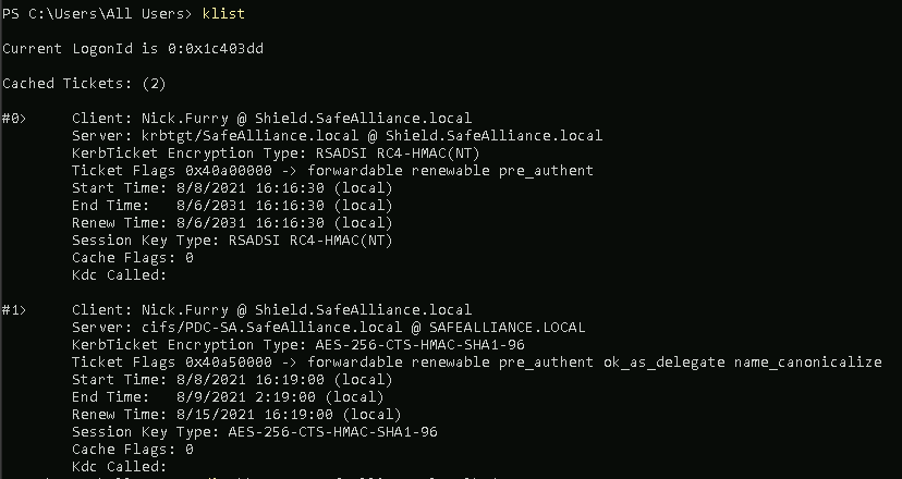 klist.exe output