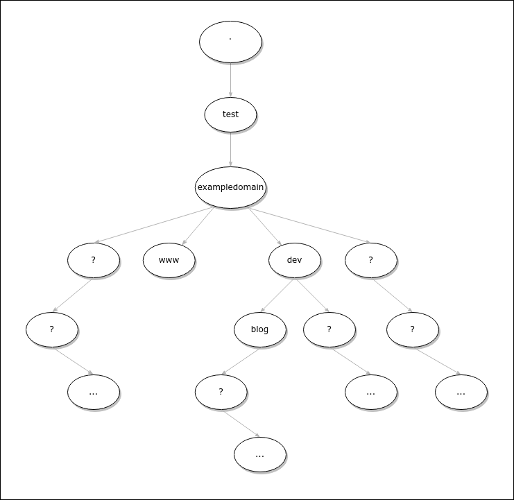 DNS hierarchy of exampledomain.test from black-box perspective